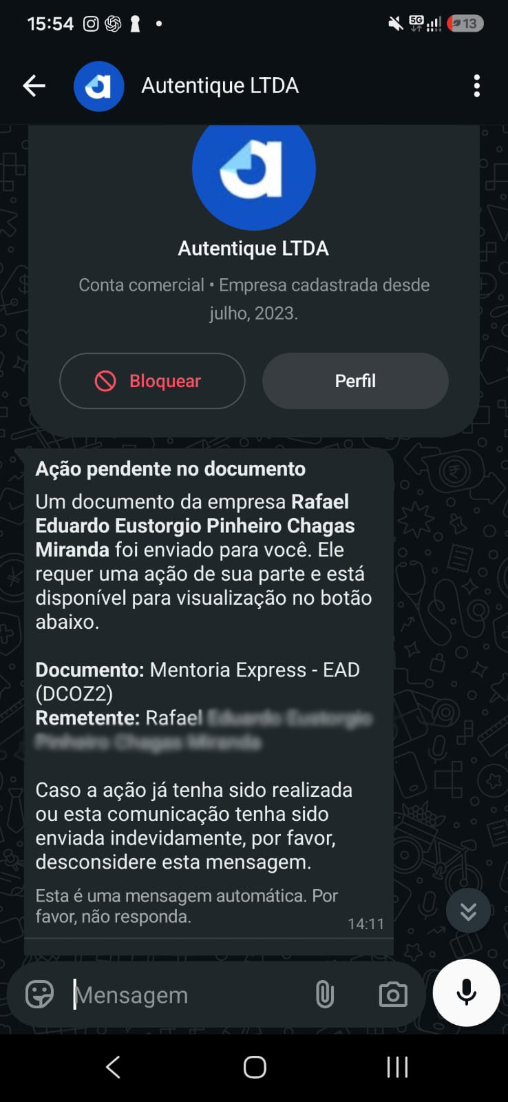 Exemplo de mensagem WhatsApp do Autentique