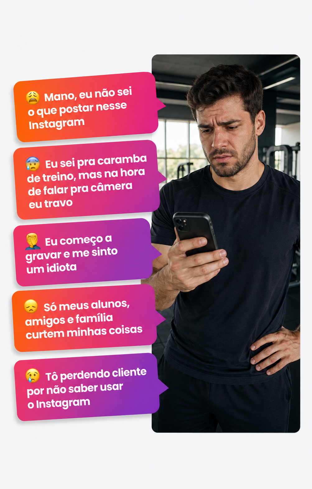 Personal olhando para o celular cercado de pensamentos: não sei o que postar, gravo e apago, só vem curtida de amigo